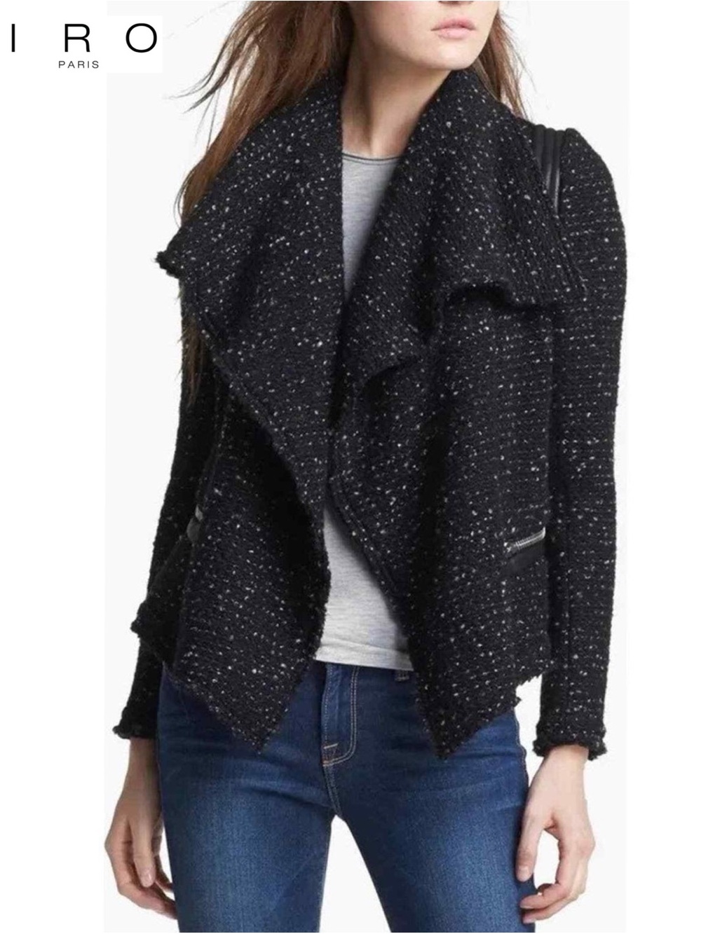 IRO Paris Lierane Tweed Moto Jacket Lambskin Leather Trim Black FR 34 XS Y2K